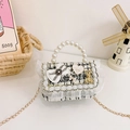 Kinder crossbodytas van zwart-wit tweed met parelhandvat en gouden kettingriem - Wit Konijn