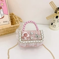 Pink tweed girl's handbag with 3D camellia flower, pearl handle and metal chain strap - Pink Flower