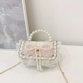 White tweed girls shoulder bag with pink mesh bow, pearl handle, and gold chain strap - White Pearl Bowknot
