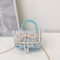 Pink and blue tweed girl's handbag with pearl bow and blue pearl handle detail - Blue Pearl Bow