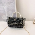 Mini tweed shoulder bag with black bow, pearl handle and gold chain for kids - Black Bow