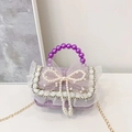 Mini purple tweed children handbag with pearl bow and elegant pearl handle strap - Purple Pearl Bowknot