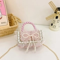 Pink tweed girls handbag with pearl handle and bow, sweet princess crossbody bag style - Pink Pearl Bow