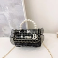 Kids black and white tweed crossbody bag with pearl handle and ribbon bow detail - Black B