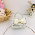 Beige tweed crossbody bag for girls with pearl handle and ribbon bow detail - White