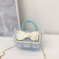 Blue tweed girls handbag with pearl handle, bow decoration and gold chain strap - Blue