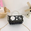 Kids quilted crossbody bag with white camellia flower and elegant pearl handle - Black Rose