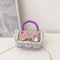 Mini purple tweed handbag with pearl handle and bow for girls stylish crossbody bag - Purple