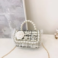 Kids cream tweed crossbody bag with elegant pearl handle and white camellia flower - White Rose