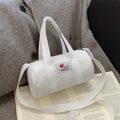 White canvas bucket bag for kids with red heart patch and detachable shoulder strap - White