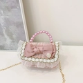 Pink tweed crossbody bag for girls with pearl handle and silk bow decoration - Pink