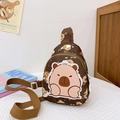 Brown Capybara print crossbody chest bag for kids with cute cartoon patch and adjustable strap - Brown