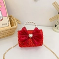 Mini bolso de lentejuelas rojas con lazo de tul y asa de perlas para celebración de Año Nuevo - Lazo con lentejuelas