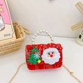 Kids red Christmas sequin bag with Santa decor and elegant pearl handle strap - Red Santa Claus