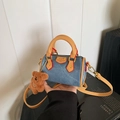 Mini blue denim barrel bag for girls with brown leather handles and bear charm - With Pendant / Denim Blue