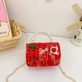 Red sequin girls' handbag with pearl handle, cherry accents, and gold chain strap - Red Love