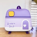 Close-up of EVA house-shaped kid backpack with SUNNY DAY text and purple heart details - Purple