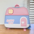 Detail of cute house-shaped kids backpack with Sunny Day print and pink straps - Blue