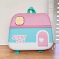 Close-up of cute house-shaped kids backpack with Sunny Day logo and heart detail - Green