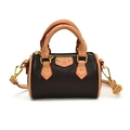 Mini Boston bag in dark brown lychee leather with beige handles and gold hardware - No Pendant / Brown