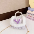 Mini bolso bandolera de cuadros lila y blanco con asa de perlas y pelo sintético - Tipo estándar / Morado