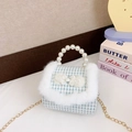 Bolso de niña con estampado pata de gallo azul, asa de perlas y ribete de pelo blanco - Tipo estándar / Azul