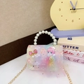 Sac enfant en tulle arc-en-ciel avec anse perle, nœud pailleté et chaîne dorée - Fille à Motif Rose