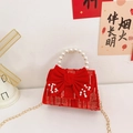 Borsa rossa per bambine con paillettes e fiocco di perle con manico di perle - Rosso