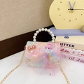 Mini macaron girls' handbag with pearl handle and bow in gradient sparkle design - Pink Strawberry
