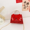 Borsa rossa con paillettes per bambine con fiocco di velluto e manico di perle chic - Fiocco di Paillettes Rosso