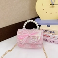 Pink kids handbag with white lace check pattern, pearl handle and big bow detail - Pink Bowknot