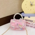 Pink mermaid kids handbag with mesh bow, pearl handle, and golden chain strap - Dark Pink Bowknot