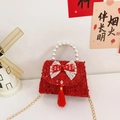 Borsa rossa con paillettes per bambine con manico di perle, fiocco e nappa rossa - Nappina con Fiocco con Paillettes Rosse