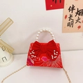 Red festive girls' crossbody bag with satin jacquard bow and pearl handle detail - Red Textured