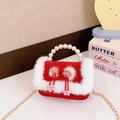 Sac princesse rouge en peluche pour filles avec poignée en perles et chaîne dorée - Style Long / Rouge