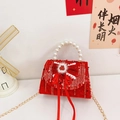 Red sequin girls handbag with pearl handle and Fu character bow for New Year - Red Sequins Pom Pom