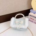 Sac à main bleu et blanc pied-de-poule pour fille avec perles et bordure fourrure - Style Long / Bleu