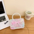 Kids pearly handbag with iridescent bow and mermaid tail charm in macaron pink - Pink Strawberry Bow
