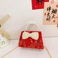 Red sequin girls' handbag with large pearl bow and elegant pearl carry handle - Red Sequins Pearl Bow
