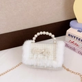 Petit sac en tweed blanc pour filles avec poignée en perles et bordure en fourrure - Style Long / Blanc
