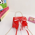 Red tweed girls' handbag with pearl handle, large bow, and gold chain strap - Red Tassel Bow