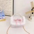 Sac à main pour enfant en tweed rose et blanc avec bordure en fourrure et anse perle - Style Long / Rose Violet
