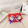 Sac à main rouge à paillettes pour filles avec anse en perles et nœud élégant - Ruban Bleu Princesse Rouge