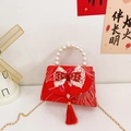 Red festive crossbody bag with pearl handle and tassels for girls in Chinese style - Red Lace Bow