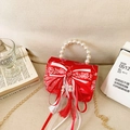 Mini borsa rossa festiva per bambine con manico di perle e fiocco per il Capodanno 2025 - Ricamo Nastro Rosso