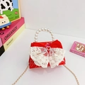 Red kids handbag with white lace bow, pearl handle and gold chain strap for girls - Red Lace Heart Bow