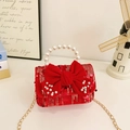 Red sequin girls' bag with velvet bow, pearl handle, and golden metal chain strap - Red Sequin