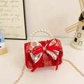 Red sequin girls handbag with pearl handle and lace bow for Chinese New Year styling - Red Ribbon Sequins