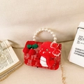 Red plush children handbag with pearl handle, cartoon snake and lace bow decoration - Red Dinosaur Sequins