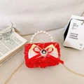 Girls' red sequin mini handbag with white pearl handle and colorful ribbon bow - Red Princess